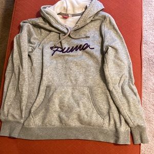 Gray Puma hooded sweatshirt with “Puma” purple embroidery.
